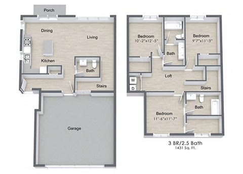 Floor plan for 3 beds, 2.5 baths, 1431 sqft
